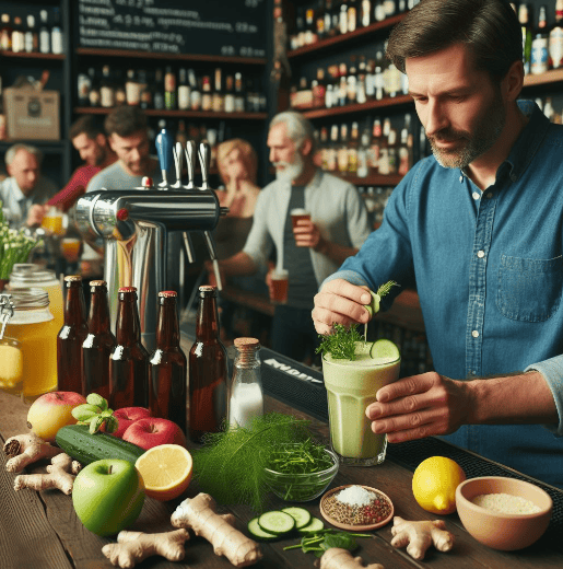 Remedio casero para el alcoholismo: En un bar, un hombre de mediana edad recibe un remedio casero preparado por el barman en la licuadora con una mezcla de ingredientes naturales como manzana, pepino, espinaca, jengibre, diente de león, tila, melisa, manzanilla, bardana, valeriana, sal y limón, mientras los demás clientes disfrutan de cerveza.