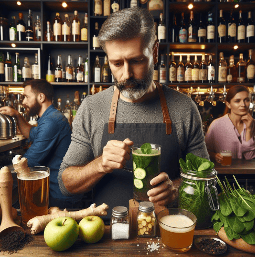 Un hombre de mediana edad en un bar, en las estanterías hay botellas de alcohol, en la barra hay más clientes bebiendo cerveza y el barman le prepara un remedio casero batiendo en una licuadora manzana, pepino, espinaca, además hay jengibre, diente de león, tila, melisa, manzanilla, bardana, valeriana, sal y limón