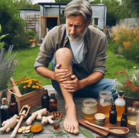 Remedio casero contra la artritis: un hombre de mediana edad en el jardín de su casa, se está preparando un remedio casero para la artritis mientras se frota una pierna por el dolor, y tiene los siguientes ingredientes: cúrcuma, jengibre, manzanilla, lavanda, arcilla, salvia, sales de Epson, romero, ortiga, cola de caballo, aceite de árnica, vinagre de manzana y miel