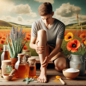 Remedio casero contra las Agujetas con ingredientes naturales. Un chico adolescente tocándose la pierna porque tiene agujetas después de caminar por el campo florido de amapolas y preparándose un remedio casero con estos ingredientes