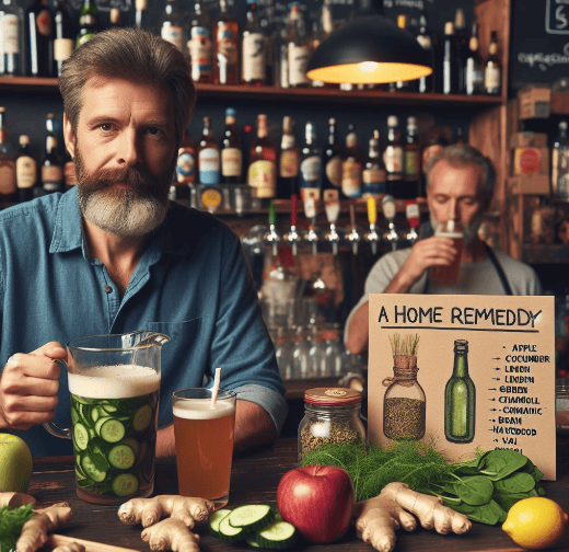 En un bar, un hombre de mediana edad recibe un remedio casero preparado por el barman en la licuadora con manzana, pepino, espinaca, jengibre, diente de león, tila, melisa, manzanilla, bardana, valeriana, sal y limón, mientras otros clientes beben cerveza.