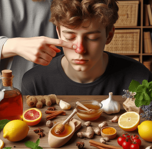 Receta casera contra la alergia nasal: Un adolescente con alergia nasal se frota la nariz enrojecida, su madre le prepara un remedio casero a base de manzanilla, miel, limón, canela, vinagre de manzana, cúrcuma, pimienta, ortiga, menta, ajo, regaliz, manzanilla y lavanda para aliviar los síntomas.