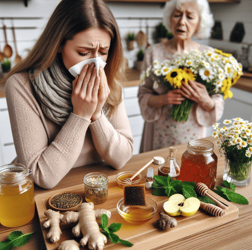 Remedio natural para la alergia primaveral: Una mujer estornuda y se suena la nariz por la alergia primaveral, su abuela le prepara un remedio casero a base de miel, jengibre, vinagre de manzana, menta, ortiga, manzanilla, equinácea, propóleo, eucalipto y polen de abeja.