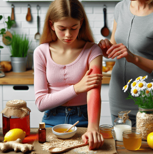 Tratamiento natural para la alergia: Una joven se rasca el brazo enrojecido debido a una reacción alérgica, su madre le prepara una mezcla casera de manzanilla, miel, limón, avena, jengibre y té verde.