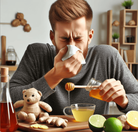 Remedio casero contra las alergias respiratorias: un hombre estornuda por una alergia respiratoria, se prepara un remedio natural a base de: jengibre, miel, limón, manzanilla, eucalipto, canela, ortiga y menta