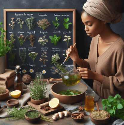 Una persona preparando una infusión de tomillo y menta para aliviar los síntomas del Asma Bronquial de manera natural. Hay una receta en una pizarra con variedad de ingredientes naturales utilizados en las recetas caseras contra el Asma Bronquial, como eucalipto, manzanilla, jengibre y limón.