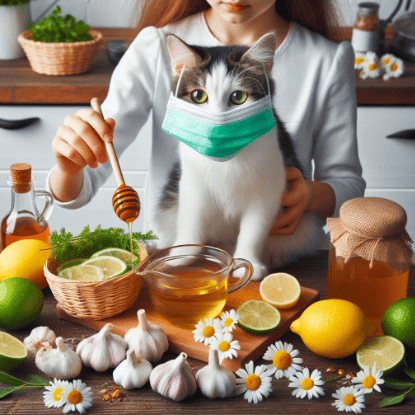 Remedio casero contra la alergia a los gatos: una chica con una mascarilla sujeta a su gato, se prepara un remedio casero con manzanilla, limón, miel, ajo, vinagre de manzana, té verde y eucalipto