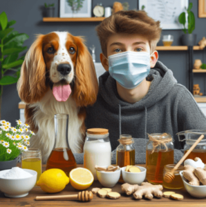 Cómo aliviar la alergia a los perros de forma casera: Un joven con una mascarilla acariciando a su perro, prepara un remedio natural con manzanilla, limón, miel, jengibre, bicarbonato, té verde y aceite de eucalipto.
