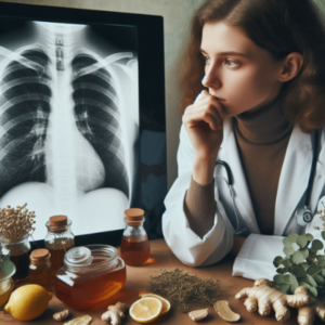 Un médico naturista o herbolario examina una radiografía de los bronquios de un paciente con tos, preparando un remedio casero para tratar la bronquitis. La receta incluye ingredientes como jengibre, miel, limón, eucalipto, tomillo, mostaza, cebolla y hinojo.