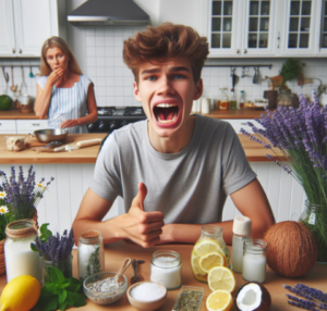 Un joven en la cocina de su hogar, con la boca entreabierta por el rechinido de sus dientes, se observa preparando un remedio casero para el bruxismo
