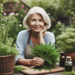 Una mujer de mediana edad se encuentra en su jardín recolectando artemisa annua para preparar un remedio casero y natural. La cámara se centra en ella mientras se concentra en la recolección de esta planta para la elaboración de su receta.