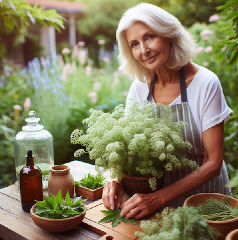 Remedio casero con artemisa annua: Una mujer de mediana edad, en primer plano, prepara una receta casera y natural con artemisa annua, se ve en el jardín recolectando esta planta