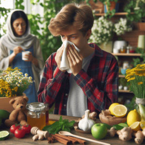 Un adolescente con asma alérgica al polen o estacional se encuentra en su jardín rodeado de plantas con polen, sintiendo dificultad para respirar y estornudando. Su madre le está preparando un remedio casero con eucalipto, jengibre, miel, limón, manzanilla, menta, cúrcuma, leche de coco, canela y manzana para aliviar sus síntomas.