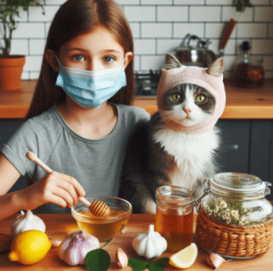 Una joven con alergia a los gatos busca alivio: se enmascara mientras mezcla manzanilla, limón, miel, ajo, vinagre de manzana, té verde y eucalipto para combatir los síntomas.