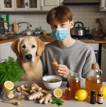 Remedio casero contra la alergia a los perros: un chico con una mascarilla sujeta a su perro, se prepara un remedio casero con manzanilla, limón, miel, jengibre, bicarbonato, té verde y aceite de eucalipto
