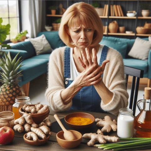 Una mujer de mediana edad con signos de artrosis sentada en una silla en su comedor de casa, mostrando dolor en su rostro y manos hinchadas y rígidas. Está preparando un remedio casero con ingredientes naturales como cúrcuma, jengibre, miel, aloe vera, vinagre de manzana, aceite de coco, cebolla, aceite de oliva, semillas de lino, yogur, aceite de ricino, sal, hierba de San Juan, ortiga, limón y arcilla verde.