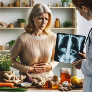 Tratamiento natural para el cáncer de ovario: Una médica naturista examina una radiografía de cáncer de ovario, con una mujer de mediana edad como paciente. Esta está ansiosa por recibir la receta casera a base de jengibre, cúrcuma, ajo, manzanilla, remolacha, zanahoria, miel, diente de león, té verde y limón para aliviar el dolor en el abdomen.