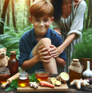 En el bosque, un joven se agarra la rodilla con dolor mientras su madre le prepara una compresa con aceites naturales como menta, jengibre, cúrcuma, ajo, aceite de ricino y miel como remedio casero para aliviar el dolor de rodilla.