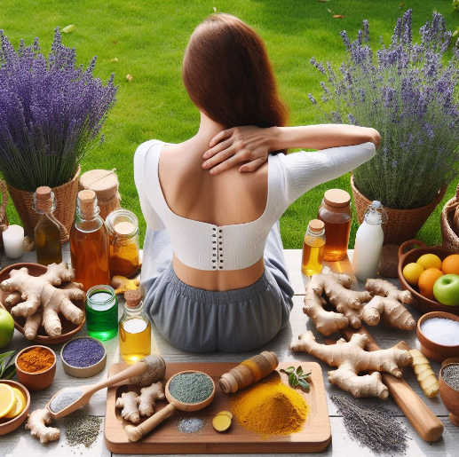 Remedios caseros para el dolor de espalda: una mujer con dolor en la espalda en su jardín, rodeada de ingredientes como cúrcuma, jengibre, arcilla verde, vinagre de manzana, sales de Epson, lavanda para preparar un remedio casero.