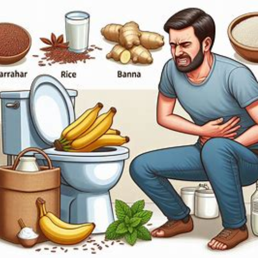 Tratamiento natural para combatir la diarrea: En la imagen, una persona sufre de dolor por la diarrea mientras se observa un inodoro en el fondo. En los estantes se pueden ver los ingredientes necesarios para preparar un remedio casero con lino, arroz, plátano, menta, jengibre, leche, comino y guayaba.