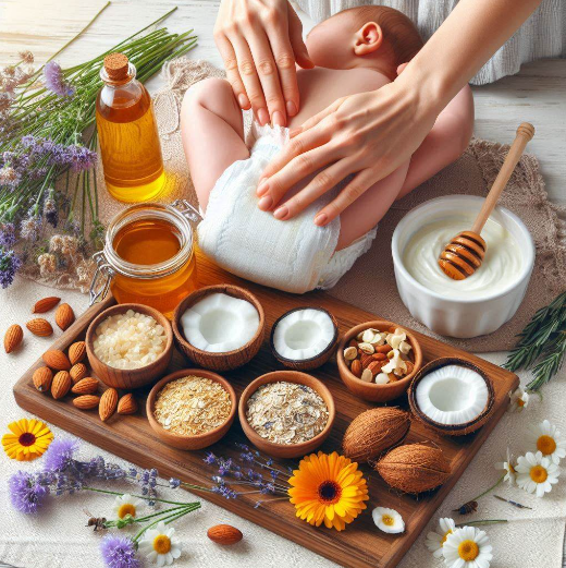 Remedios caseros para la dermatitis del pañal: una madre le cambia el pañal a su bebé para aplicarle una pomada natural hecha con cera de abejas, caléndula, avena, coco, lavanda, almendras, olivas y miel