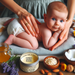 Tratamiento natural para la dermatitis del pañal: una madre usa una mezcla casera de ingredientes naturales como cera de abejas, caléndula, avena, aceite de coco, lavanda, aceite de almendras, aceite de oliva y miel para cuidar la piel de su bebé.