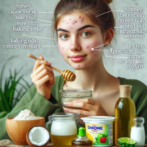 Cómo tratar el acné de forma natural: Un adolescente elaborando una mezcla casera para combatir el acné utilizando ingredientes como miel, aloe vera, aceite de árbol de té, arcilla verde, bicarbonato de sodio, aceite de coco, vinagre de manzana, té verde, avena y yogur Danone.