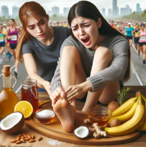 Remedios caseros para los calambres: Un chica adolescente se aprieta el pie por tener un calambre, está en un maratón de corredores, su amiga le prepara una receta natural con miel, vinagre de sidra de manzana, almendras, coco, plátano, sal, jengibre, romero y cúrcuma